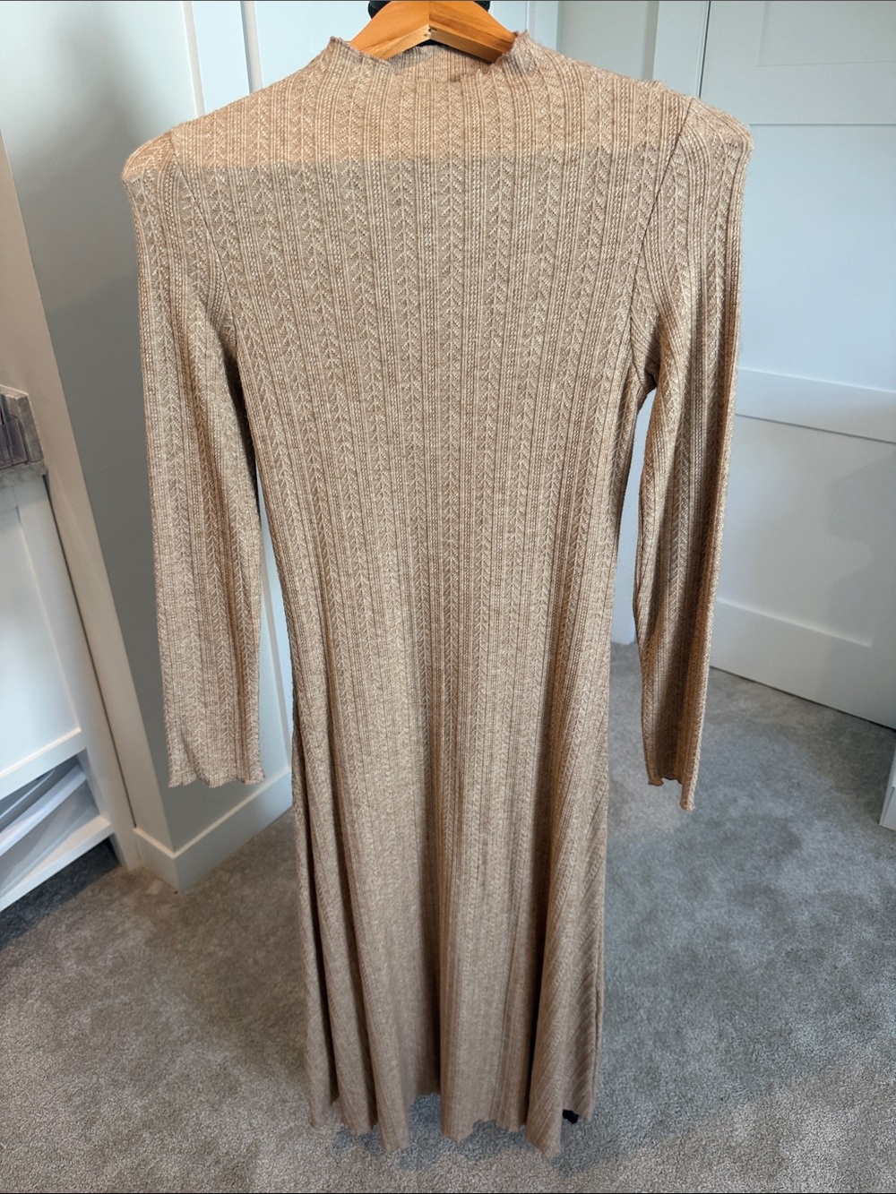 Mango Ribbed Long Sleeve Midi Dress in Camel Beige